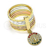 Oro Laminado Multi Stone Ring, Gold Filled Style Semanario and Guadalupe Design, with Multicolor Crystal, Diamond Cutting Finish, Tricolor, 01.253.0039.09 (Size 9)