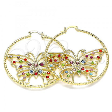 Oro Laminado Large Hoop, Gold Filled Style Butterfly Design, with Multicolor Crystal, Diamond Cutting Finish, Golden Finish, 02.380.0045.1.50