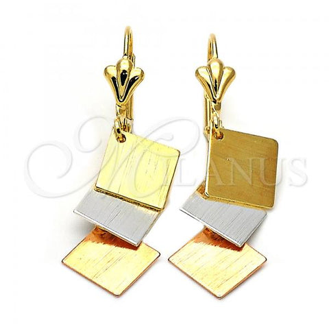 Oro Laminado Long Earring, Gold Filled Style Brushed Finish, Tricolor, 72.002