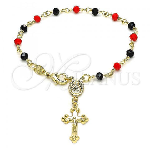 Oro Laminado Thin Rosary, Gold Filled Style Caridad del Cobre and Crucifix Design, with Black and Garnet Crystal, Polished, Golden Finish, 09.63.0112.1.08