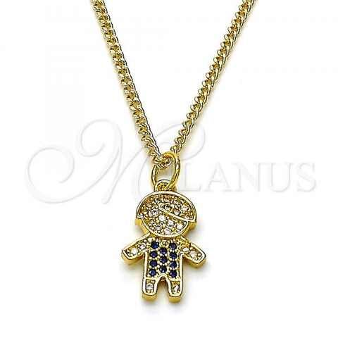 Oro Laminado Pendant Necklace, Gold Filled Style Little Boy Design, with Sapphire Blue and White Micro Pave, Polished, Golden Finish, 04.341.0023.20