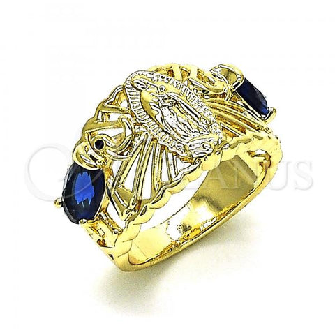 Oro Laminado Multi Stone Ring, Gold Filled Style Guadalupe and Elephant Design, with Sapphire Blue and Black Cubic Zirconia, Polished, Golden Finish, 01.380.0020.1.08