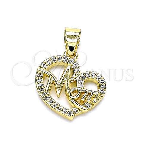 Oro Laminado Fancy Pendant, Gold Filled Style Mom and Heart Design, with White Micro Pave, Polished, Golden Finish, 05.102.0020