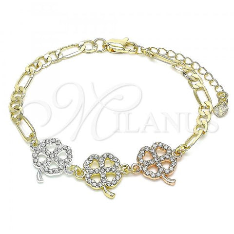 Oro Laminado Fancy Bracelet, Gold Filled Style Four-leaf Clover Design, with White Crystal, Polished, Tricolor, 03.380.0125.07