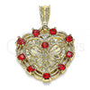 Oro Laminado Fancy Pendant, Gold Filled Style Heart and Butterfly Design, with Garnet Crystal, Polished, Golden Finish, 05.351.0113