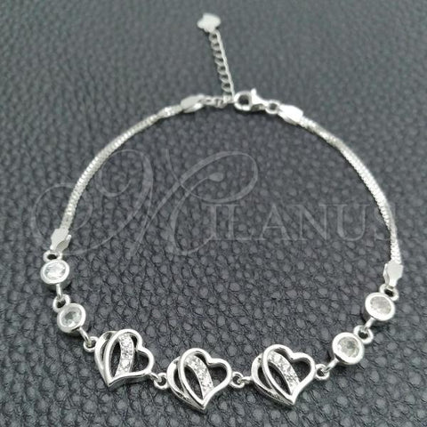 Sterling Silver Fancy Bracelet, Heart Design, with White Cubic Zirconia, Polished, Silver Finish, 03.400.0004.07