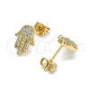 Oro Laminado Stud Earring, Gold Filled Style Hand of God Design, with White Micro Pave, Polished, Golden Finish, 02.213.0302