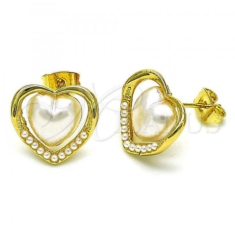 Oro Laminado Stud Earring, Gold Filled Style Heart Design, with Ivory Pearl, Polished, Golden Finish, 02.379.0015