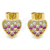 Oro Laminado Stud Earring, Gold Filled Style Heart Design, with Ruby and White Micro Pave, Polished, Golden Finish, 02.344.0086.1