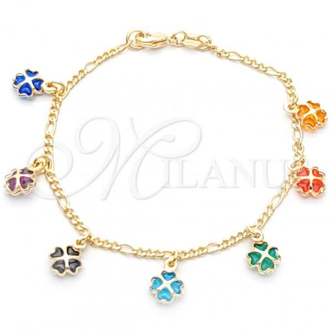 Oro Laminado Charm Bracelet, Gold Filled Style Flower and Heart Design, with Orange and Black Crystal, Polished, Golden Finish, 03.32.0254.06