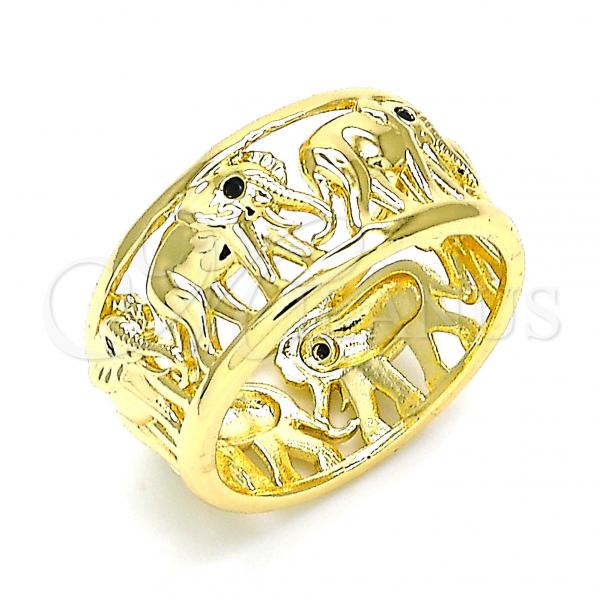Oro Laminado Multi Stone Ring, Gold Filled Style Elephant Design, with Black Micro Pave, Polished, Golden Finish, 01.380.0006.08