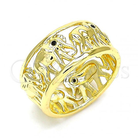 Oro Laminado Multi Stone Ring, Gold Filled Style Elephant Design, with Black Micro Pave, Polished, Golden Finish, 01.380.0006.08