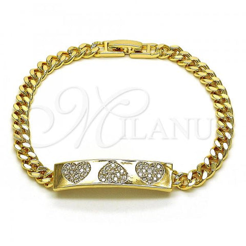 Oro Laminado Fancy Bracelet, Gold Filled Style Heart Design, with White Micro Pave, Polished, Golden Finish, 03.283.0221.08