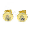 Oro Laminado Stud Earring, Gold Filled Style Hand of God Design, with Sapphire Blue and White Micro Pave, Polished, Golden Finish, 02.156.0554