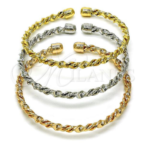 Oro Laminado Trio Bangle, Gold Filled Style Diamond Cutting Finish, Tricolor, 07.170.0022