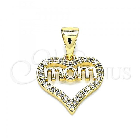 Oro Laminado Fancy Pendant, Gold Filled Style Mom and Heart Design, with White Micro Pave, Polished, Golden Finish, 05.342.0022
