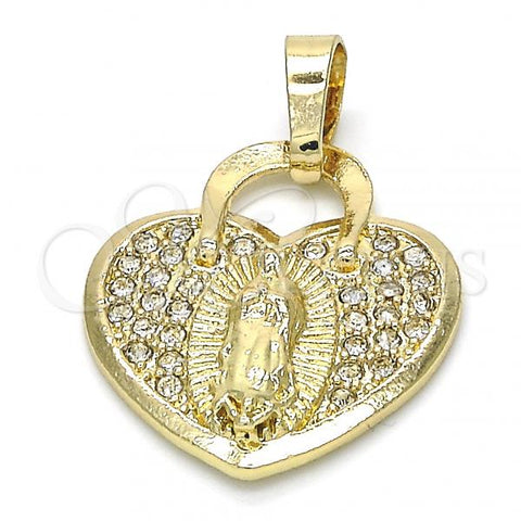 Oro Laminado Fancy Pendant, Gold Filled Style Heart and Guadalupe Design, with White Crystal, Polished, Golden Finish, 05.213.0017