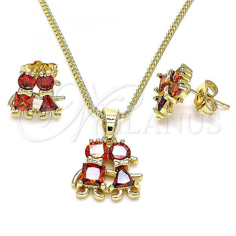 Oro Laminado Earring and Pendant Adult Set, Gold Filled Style Little Girl and Little Boy Design, with Garnet Cubic Zirconia, Polished, Golden Finish, 10.210.0036.3