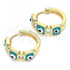 Oro Laminado Huggie Hoop, Gold Filled Style Evil Eye Design, with White Cubic Zirconia, Green Enamel Finish, Golden Finish, 02.213.0192.2.15