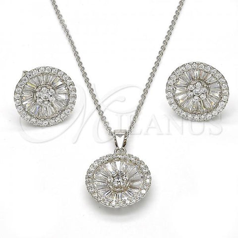 Sterling Silver Earring and Pendant Adult Set, Flower Design, with White Cubic Zirconia, Polished, Rhodium Finish, 10.174.0276