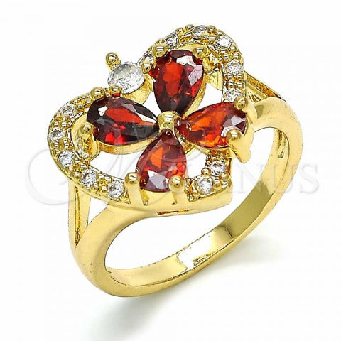 Oro Laminado Multi Stone Ring, Gold Filled Style Heart and Flower Design, with Garnet and White Cubic Zirconia, Polished, Golden Finish, 01.365.0005.08 (Size 8)