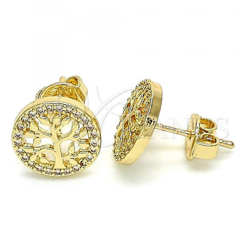 Oro Laminado Stud Earring, Gold Filled Style Tree Design, with Multicolor Micro Pave, Polished, Golden Finish, 02.156.0448