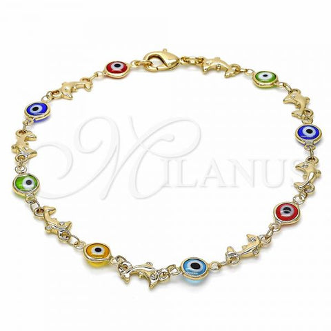 Oro Laminado Fancy Anklet, Gold Filled Style Evil Eye and Dolphin Design, Multicolor Resin Finish, Golden Finish, 03.326.0009.10