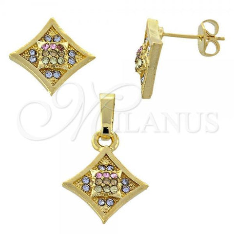 Oro Laminado Earring and Pendant Adult Set, Gold Filled Style Flower Design, with Multicolor Crystal, Polished, Golden Finish, 10.164.0015.1