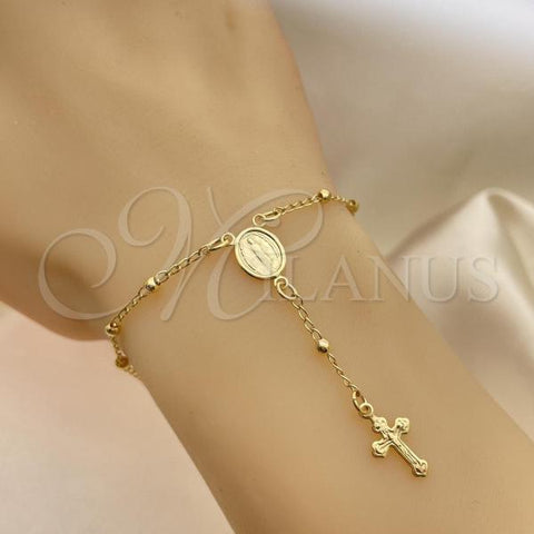 Oro Laminado Bracelet Rosary, Gold Filled Style Ball and Crucifix Design, Polished, Golden Finish, 09.02.0049.07