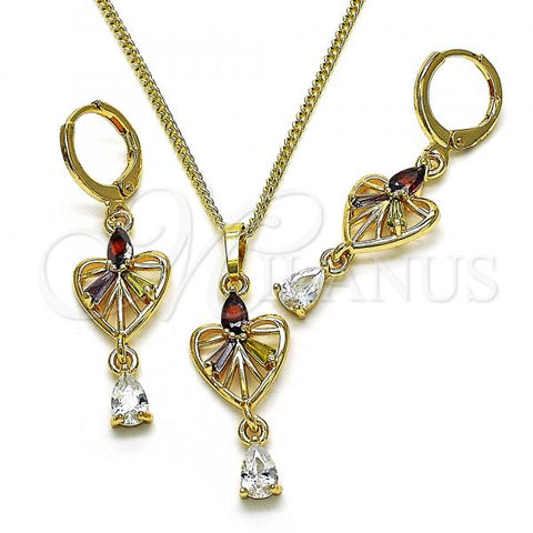 Oro Laminado Earring and Pendant Adult Set, Gold Filled Style Heart and Teardrop Design, with Multicolor and White Cubic Zirconia, Polished, Golden Finish, 10.357.0015