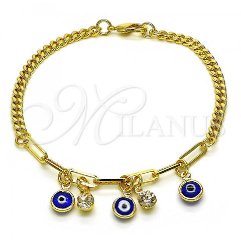 Oro Laminado Charm Bracelet, Gold Filled Style Evil Eye and Paperclip Design, with White Crystal, Blue Resin Finish, Golden Finish, 03.63.2240.08