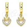 Oro Laminado Huggie Hoop, Gold Filled Style Heart and Crown Design, with White Micro Pave, Polished, Golden Finish, 02.210.0537.15