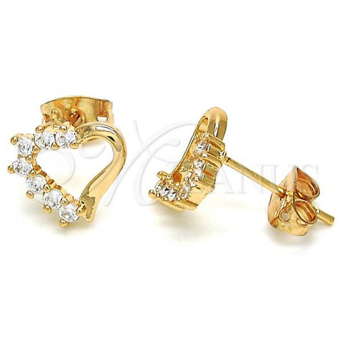 Oro Laminado Stud Earring, Gold Filled Style Heart Design, with White Cubic Zirconia, Polished, Golden Finish, 02.213.0135