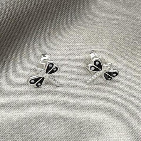 Sterling Silver Stud Earring, Dragon-Fly Design, Black Enamel Finish, Silver Finish, 02.406.0002.04