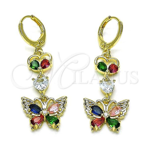 Oro Laminado Long Earring, Gold Filled Style Heart and Butterfly Design, with Multicolor Cubic Zirconia, Polished, Golden Finish, 02.196.0095.2