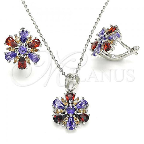 Sterling Silver Earring and Pendant Adult Set, Flower Design, with Multicolor Cubic Zirconia, Polished, Rhodium Finish, 10.286.0035