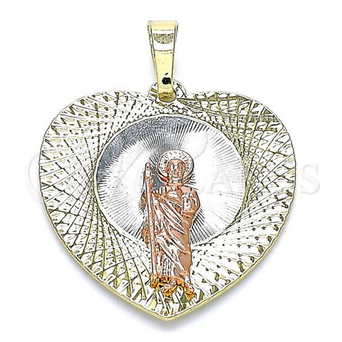 Oro Laminado Religious Pendant, Gold Filled Style San Judas and Heart Design, Diamond Cutting Finish, Tricolor, 05.380.0134