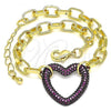 Oro Laminado Fancy Bracelet, Gold Filled Style Paperclip and Heart Design, with Garnet Micro Pave, Polished, Black Rhodium Finish, 03.341.0054.2.07