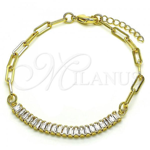 Oro Laminado Fancy Bracelet, Gold Filled Style Paperclip Design, with White Cubic Zirconia, Polished, Golden Finish, 03.130.0011.08