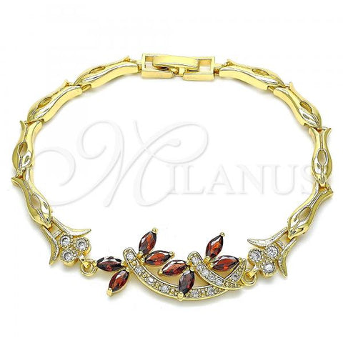 Oro Laminado Fancy Bracelet, Gold Filled Style Dragon-Fly and Heart Design, with Garnet and White Cubic Zirconia, Polished, Golden Finish, 03.210.0119.2.07