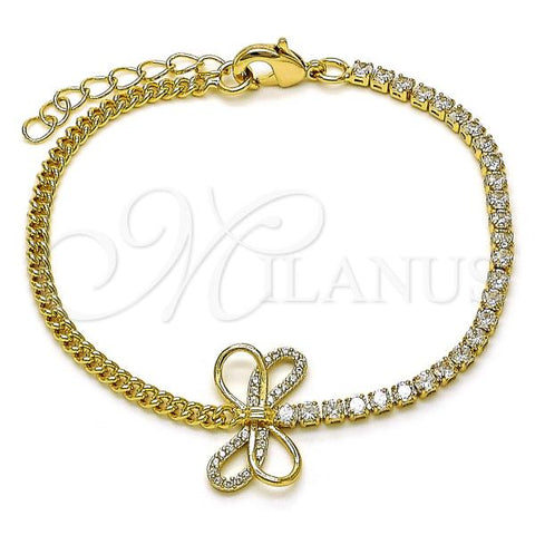 Oro Laminado Fancy Bracelet, Gold Filled Style Bow and Miami Cuban Design, with White Cubic Zirconia and White Micro Pave, Polished, Golden Finish, 03.213.0278.07