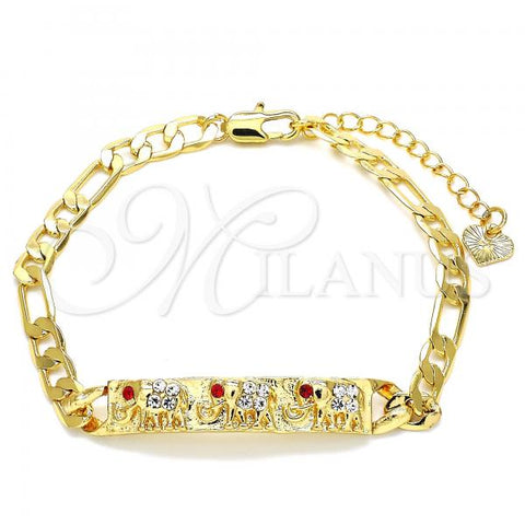 Oro Laminado ID Bracelet, Gold Filled Style Elephant Design, with Garnet and White Crystal, Polished, Golden Finish, 03.351.0004.07