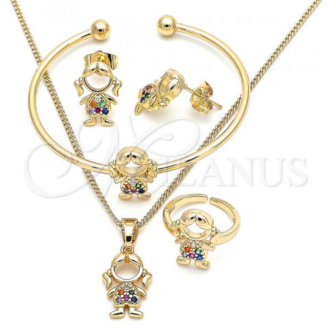 Oro Laminado Earring and Pendant Children Set, Gold Filled Style Little Girl Design, with Multicolor Micro Pave, Polished, Golden Finish, 06.210.0024.1