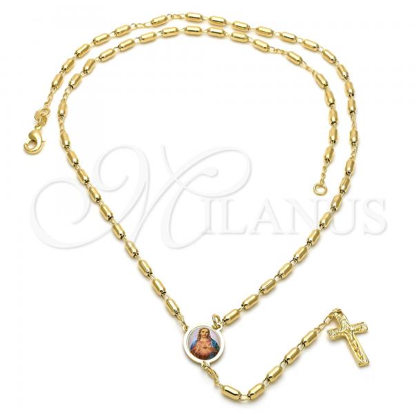 Oro Laminado Thin Rosary, Gold Filled Style Sagrado Corazon de Jesus and Crucifix Design, Polished, Golden Finish, 5.213.007