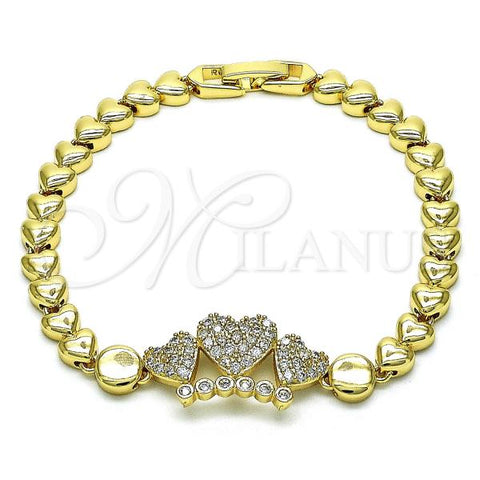 Oro Laminado Fancy Bracelet, Gold Filled Style Heart and Crown Design, with White Micro Pave, Polished, Golden Finish, 03.283.0343.07