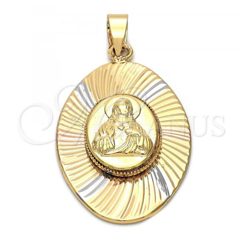 Oro Laminado Religious Pendant, Gold Filled Style Sagrado Corazon de Jesus Design, Diamond Cutting Finish, Tricolor, 5.196.011