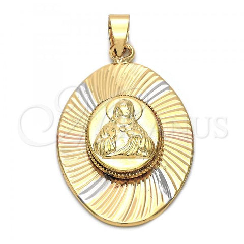 Oro Laminado Religious Pendant, Gold Filled Style Sagrado Corazon de Jesus Design, Diamond Cutting Finish, Tricolor, 5.196.011