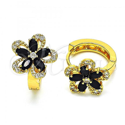 Oro Laminado Huggie Hoop, Gold Filled Style Flower Design, with Black and White Cubic Zirconia, Polished, Golden Finish, 02.210.0721.2.15
