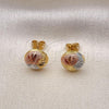 Oro Laminado Stud Earring, Gold Filled Style Flower Design, Diamond Cutting Finish, Tricolor, 02.342.0283