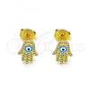 Oro Laminado Stud Earring, Gold Filled Style Hand and Evil Eye Design, Light Blue Enamel Finish, Golden Finish, 02.213.0399.2